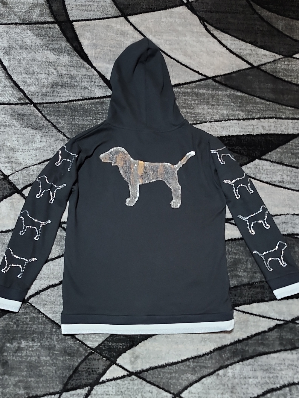 VS PINK 2018 CAMPUS DOG SEQUINS RHINESTONES QUARTER-ZIP HOODIE SWEATSHIRT